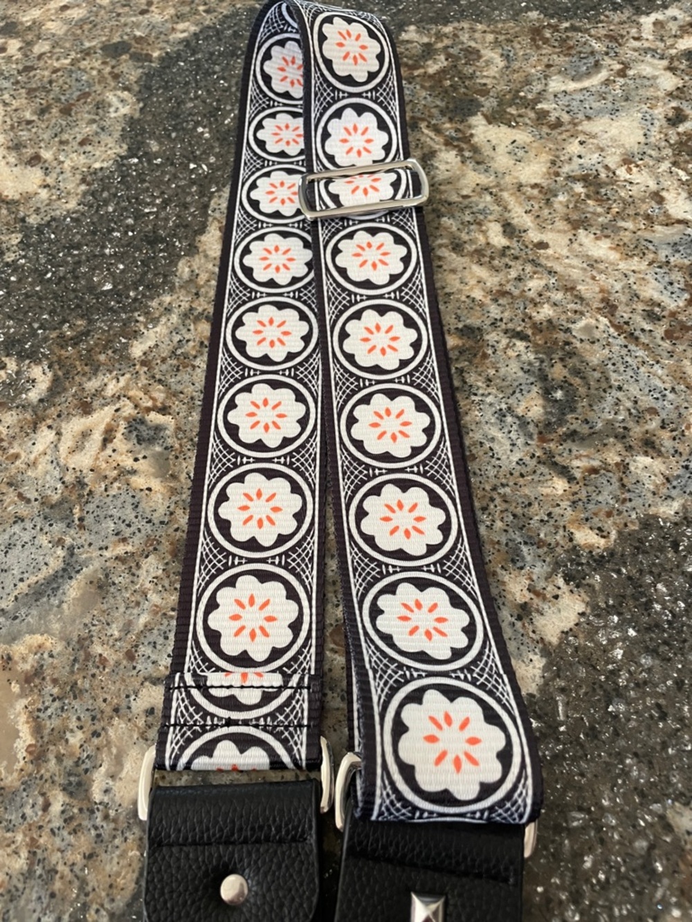 Floral Embroidered Camera or Guitar Strap in Black & White with Orange Accents